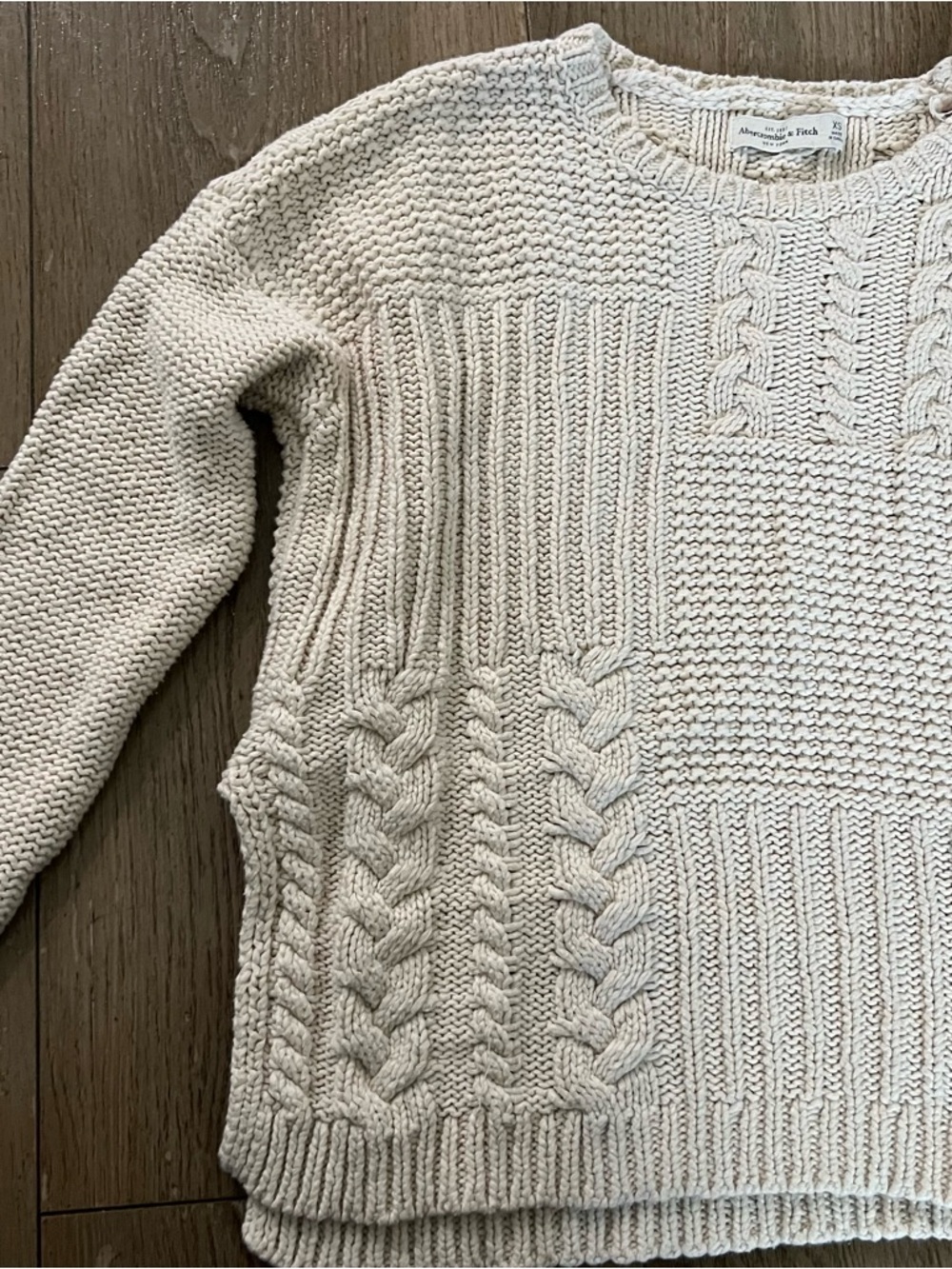 Abercrombie & Fitch Cream Cable Patchwork Crew Neck Sweater - Picture 2 of 4